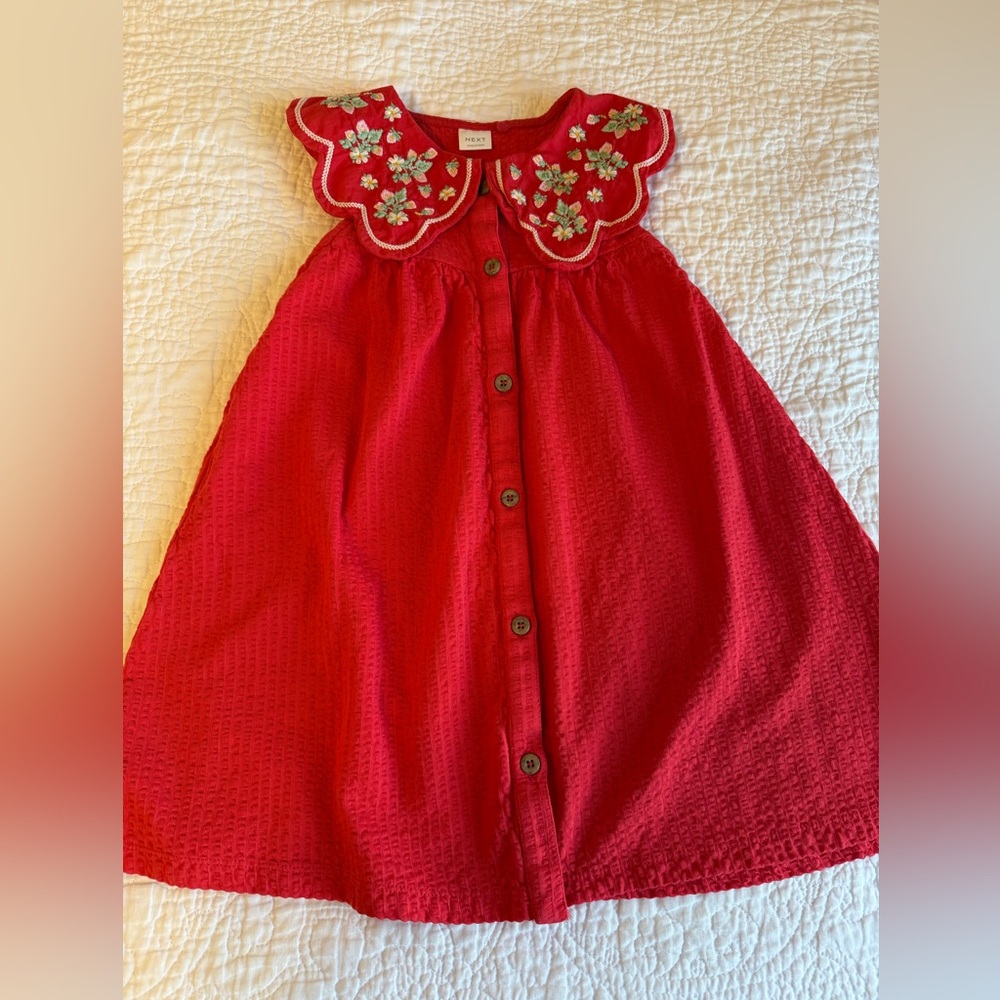 Next Red Button-Down Kids Dress with Floral Collar